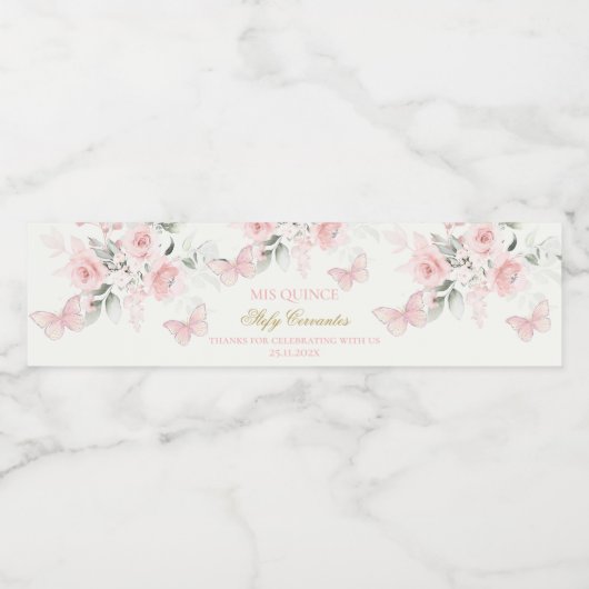 Roze Butterfly Quinceañera Waterfles Etiket (Enkel label)