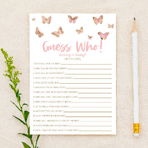 Roze Butterfly raad eens wie! Baby shower game Briefpapier