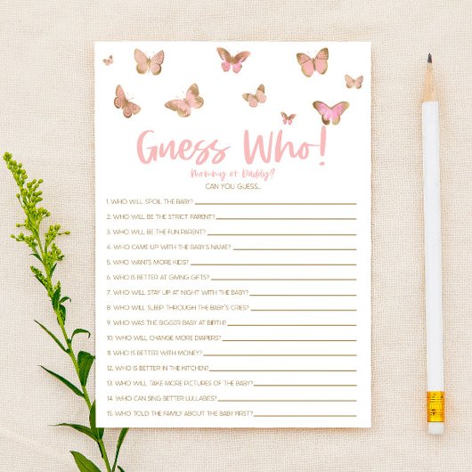 Roze Butterfly raad eens wie! Baby shower game Briefpapier