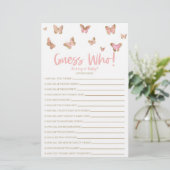 Roze Butterfly raad eens wie! Baby shower game Briefpapier (Staand voorkant)