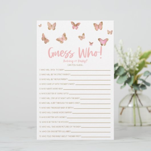 Roze Butterfly raad eens wie! Baby shower game Briefpapier (Staand voorkant)