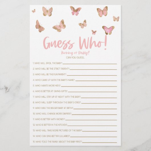 Roze Butterfly raad eens wie! Baby shower game Briefpapier (Voorkant)