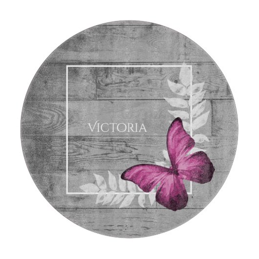 Roze Butterfly Rustic Personalized Cutting Board Snijplank (Voorkant)