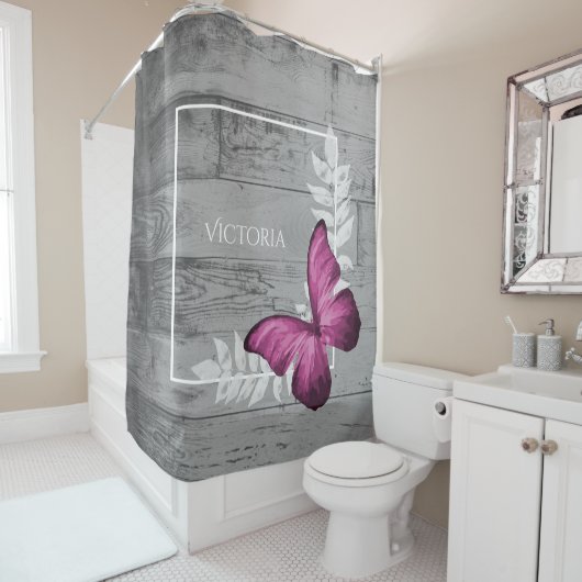 Roze Butterfly Rustic Personalized Shower Curtain Douchegordijn (In situ)