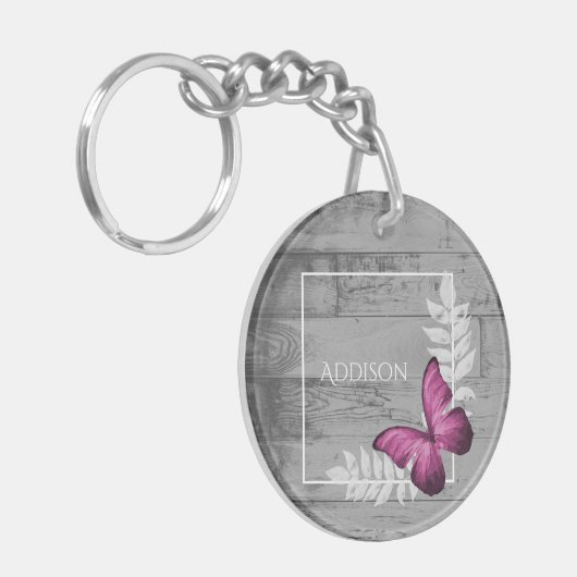Roze Butterfly Rustic Personalized Sleutelhanger (Voorkant Links)