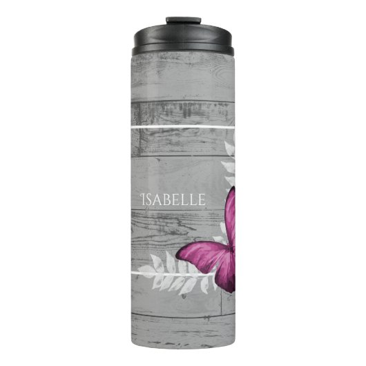 Roze Butterfly Rustic Personalized Thermal Tumbler Thermosbeker (Voorkant)