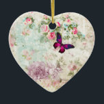 Roze Butterfly  Shabby Collage Keramisch Ornament<br><div class="desc">Een ornament met een elegante roze magenta vlinder met paarse accenten. De achtergrond is een  kraakbeen met roze rozen en andere decoratieve elementen. Een charmante whimsical.</div>