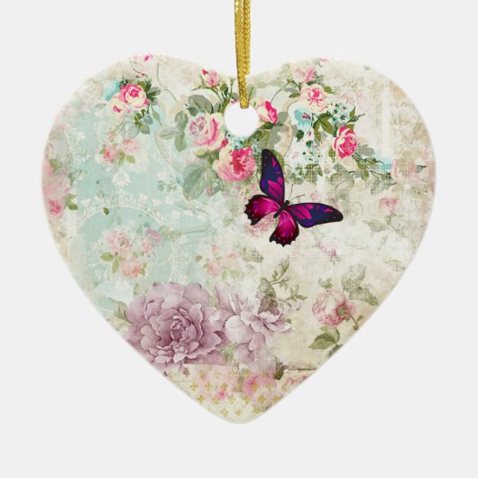 Roze Butterfly Shabby Collage Keramisch Ornament (Voorkant)
