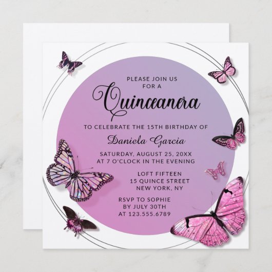Roze Butterfly Shimmer Modern Quinceañera Kaart (Voorkant / Achterkant)