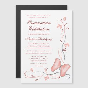 Roze Butterfly & Swirls Quinceañera Magnetische Uitnodiging