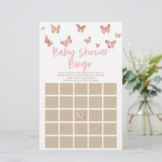 Roze Butterfly Thormbingo Baby shower Game Briefpapier (Staand voorkant)