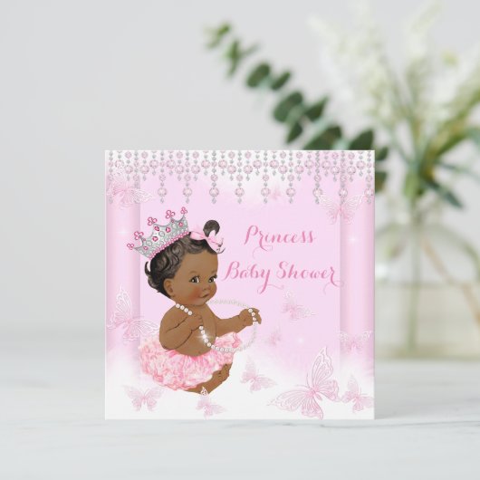 Roze Butterfly Tiara Princess Baby shower Ethnic Kaart (Staand voorkant)