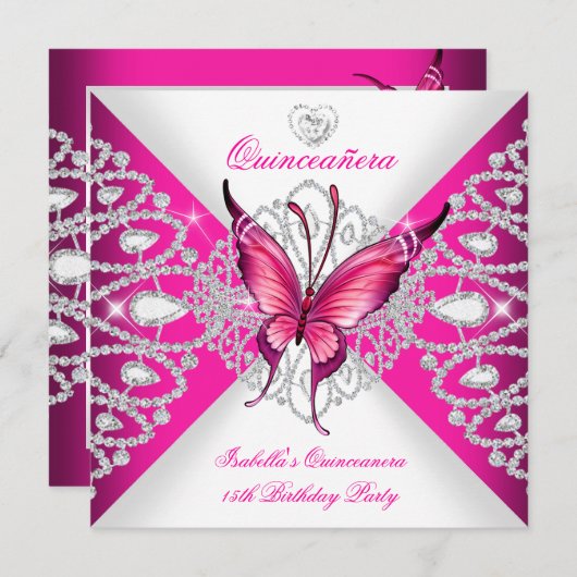  roze Butterfly Tiara Quinceanera 15de partij Kaart (Voorkant / Achterkant)