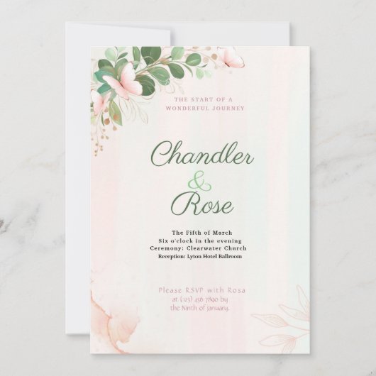 Roze Butterfly Wedding Invitation on Waterverf Kaart (Voorkant)