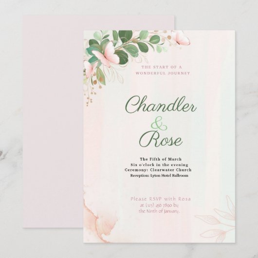 Roze Butterfly Wedding Invitation on Waterverf Kaart (Voorkant / Achterkant)