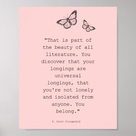 Roze Butterly F Scott Fitzgerald Literature Quote Poster (Voorkant)