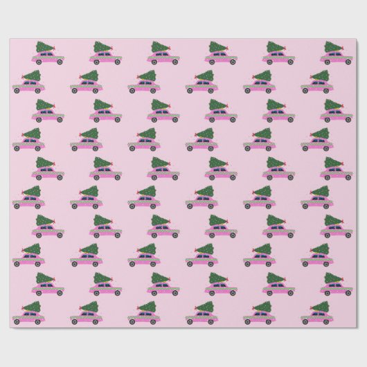 Roze Cab Taxi Fir Tree Patroon Roze Kerstmis Cadeaupapier (Vlak)