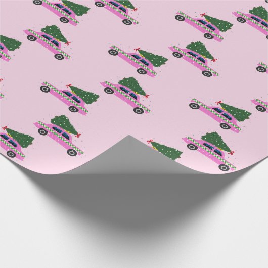 Roze Cab Taxi Fir Tree Patroon Roze Kerstmis Cadeaupapier (Hoek)