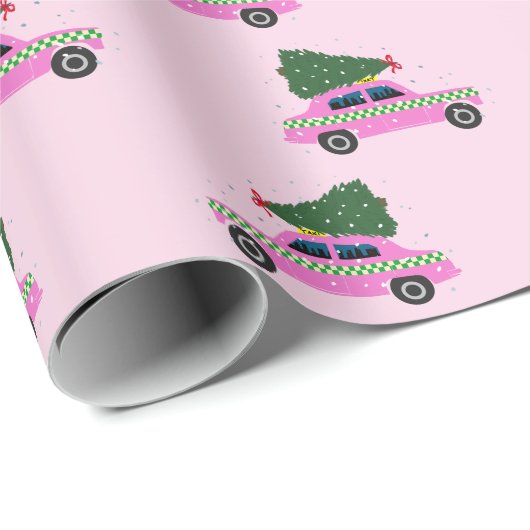 Roze Cab Taxi Fir Tree Patroon Roze Kerstmis Cadeaupapier (Rol Hoek)