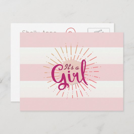 Roze Cabana Gestreepte Baby Aankondiging (Voorkant / Achterkant)