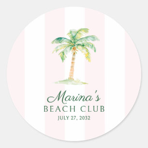 Roze Cabana Strepen Palm Beach Club Favor Ronde Sticker