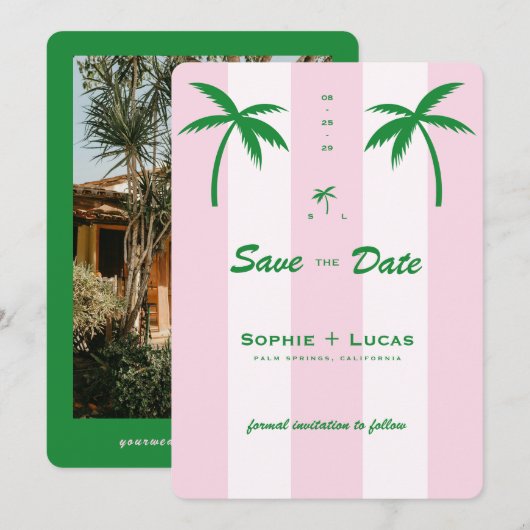 Roze Cabana Strepen Palmboom Monogram Huwelijk Save The Date (Voorkant / Achterkant)