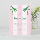 Roze Cabana Strepen Palmboom Monogram Huwelijk Save The Date (Staand voorkant)