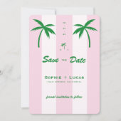 Roze Cabana Strepen Palmboom Monogram Huwelijk Save The Date (Voorkant)
