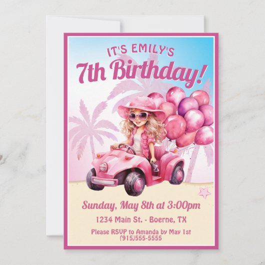 Roze Cabrio Beach Verjaardag Kaart (Voorkant)