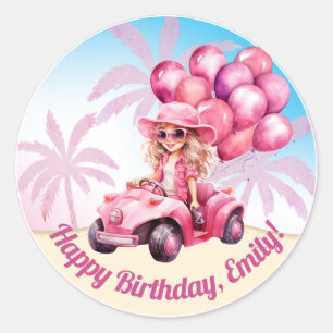 Roze Cabrio Beach Verjaardag Ronde Sticker