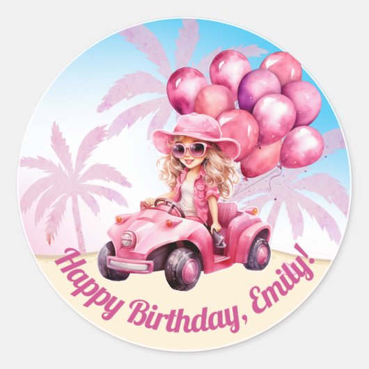 Roze Cabrio Beach Verjaardag Ronde Sticker (Voorkant)