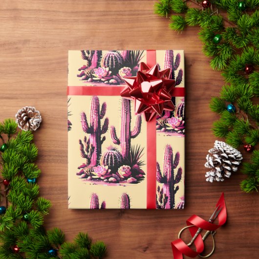 Roze Cacti Batch-Tan Achtergrond Cadeaupapier (Feestdagen Geschenken)