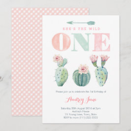 Roze Cacti Girl 1e verjaardag uitnodigingen, woest Kaart
