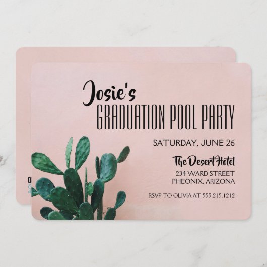 Roze Cactus Afstuderen Pool Party Kaart (Voorkant / Achterkant)