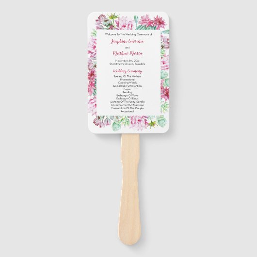 Roze Cactus Bloemen Succulenten Huwelijksprogramma Handwaaier (Voorkant)