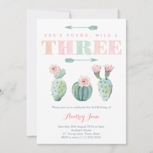 Roze Cactus Derde verjaardag Kaarten meisje (Voorkant)