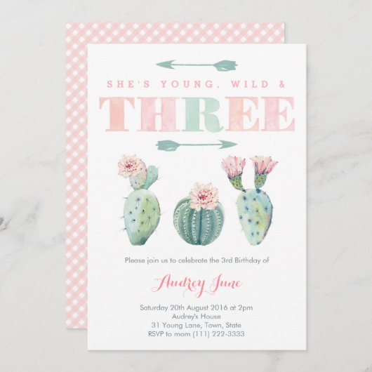 Roze Cactus Derde verjaardag Kaarten meisje (Voorkant / Achterkant)