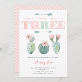 Roze Cactus Derde verjaardag Kaarten meisje