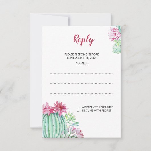 Roze Cactus Flowers Succulent Wedding Reply Kaarte RSVP Kaartje (Voorkant)