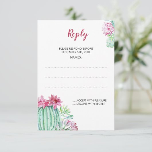 Roze Cactus Flowers Succulent Wedding Reply Kaarte RSVP Kaartje (Staand voorkant)