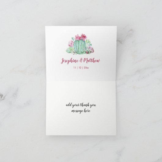 Roze Cactus Flowers Succulenten Waterverf Bruiloft Bedankkaart (Binnen)