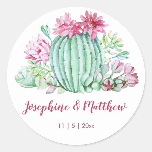 Roze Cactus Flowers Succulenten Waterverf Bruiloft Ronde Sticker (Voorkant)
