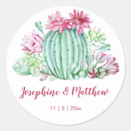 Roze Cactus Flowers Succulenten Waterverf Bruiloft Ronde Sticker