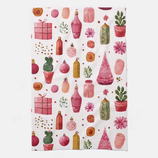 Roze Cactus Kerst Ornamenteer Patroon Theedoek (Verticaal)
