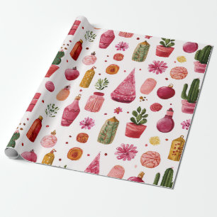 Roze Cactus Kerstversiering Patroon Cadeaupapier
