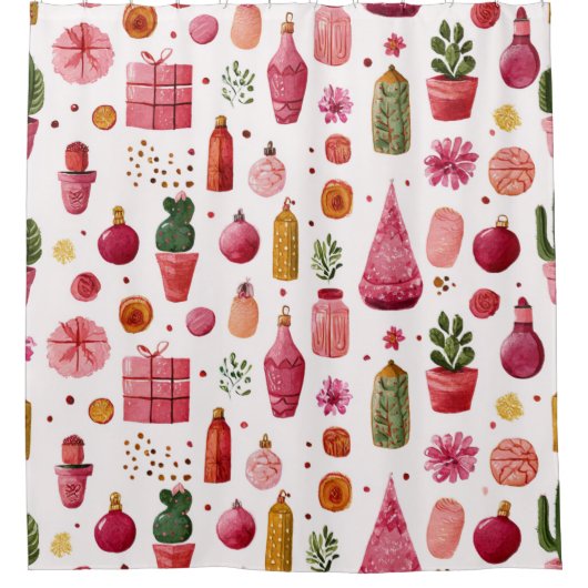 Roze Cactus Kerstversiering Patroon Douchegordijn (Voorkant)