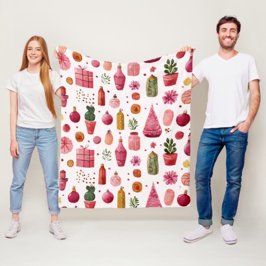 Roze Cactus Kerstversiering Patroon Fleece Deken (In situ)