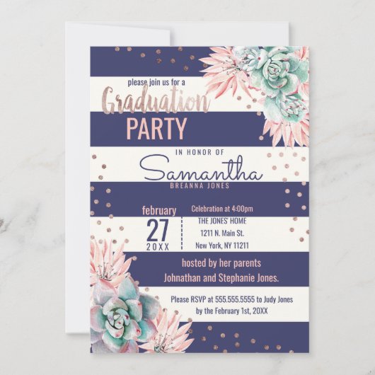 Roze cactus marinestripes Roos Gold Afstuderen Kaart (Voorkant)