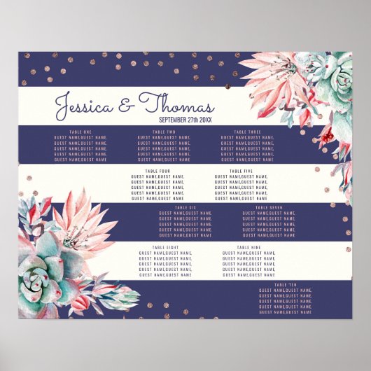 Roze cactus marinestripes Roos Gold Seating Chart Poster (Voorkant)