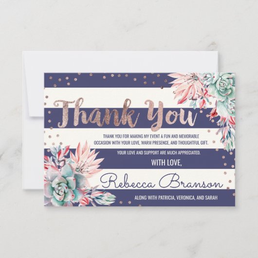 Roze Cactus Navy Stripes Roos Gold Dank u Bedankkaart (Voorkant)